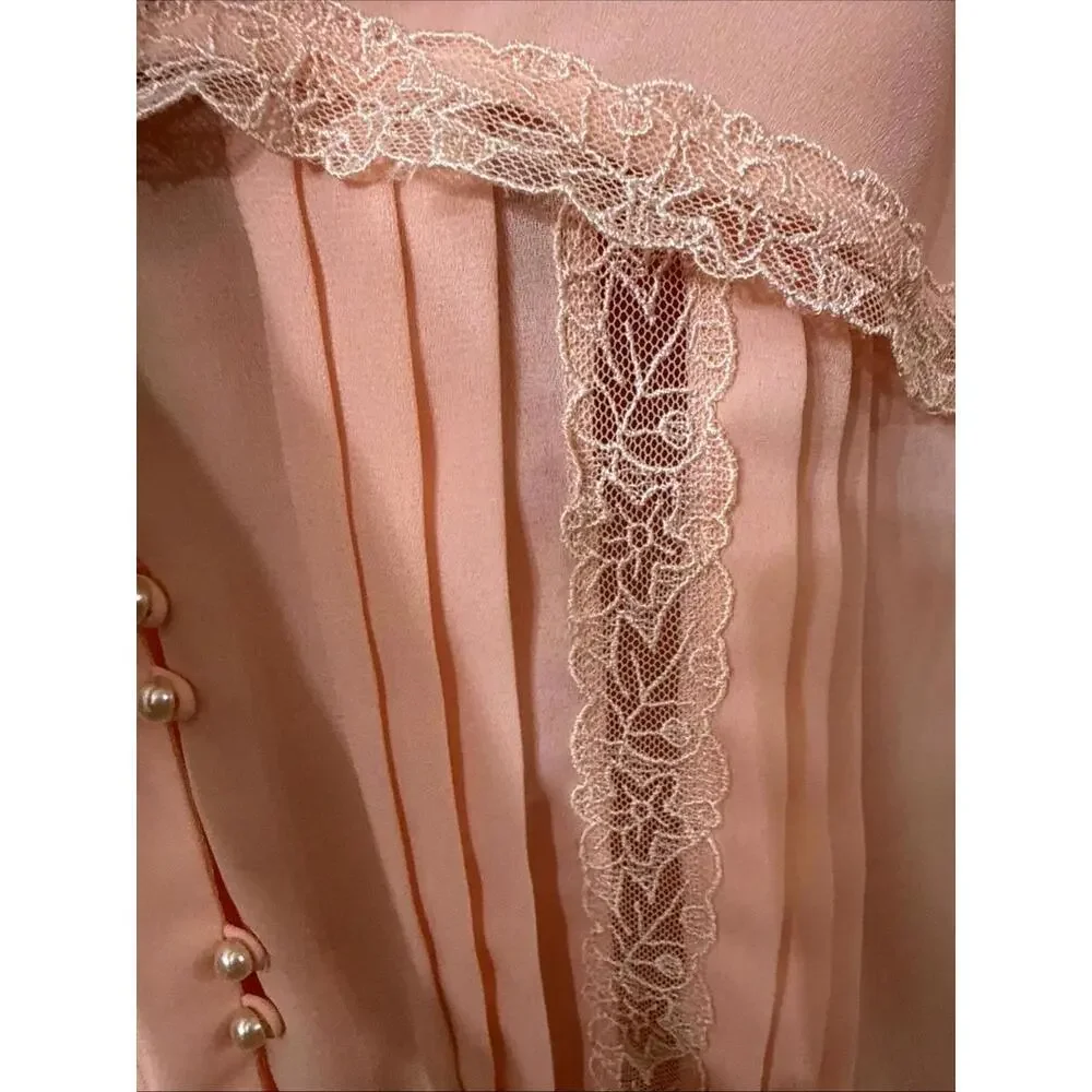 Vtg 80s Pleated Midi Dress Sz 14 Peach Lace Pearl Button Easter Wedding Gorgeous - Picture 6 of 11